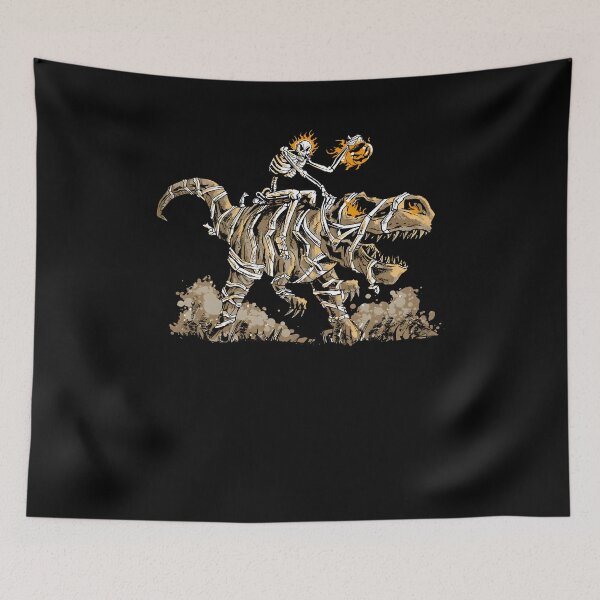 Item preview, Skeleton Riding T-Rex Holding Flaming Pumpkin Halloween Dinosaur designed and sold by PaigeWoodShop.