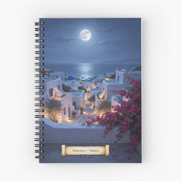 Item preview, Mykonos Moonlit Balcony Streetscape — Romantic Mediterranean Night Art designed and sold by stickercuffs.