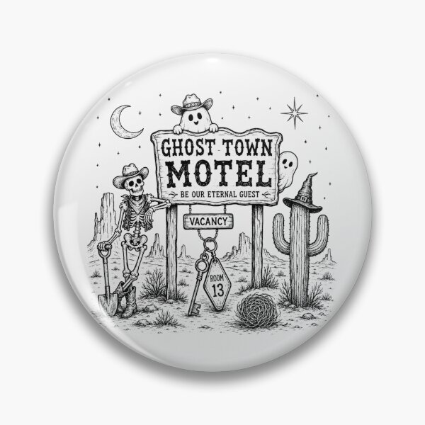 Item preview, Ghost Town Motel Be Our Eternal Guest Retro Western Halloween Skeleton Cowboy Ghost Desert Motel Key Room 13 designed and sold by Yellowriversss.