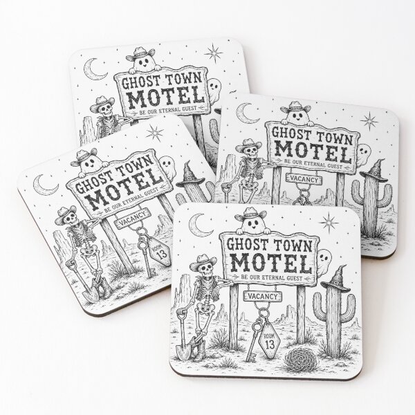 Item preview, Ghost Town Motel Be Our Eternal Guest Retro Western Halloween Skeleton Cowboy Ghost Desert Motel Key Room 13 designed and sold by Yellowriversss.