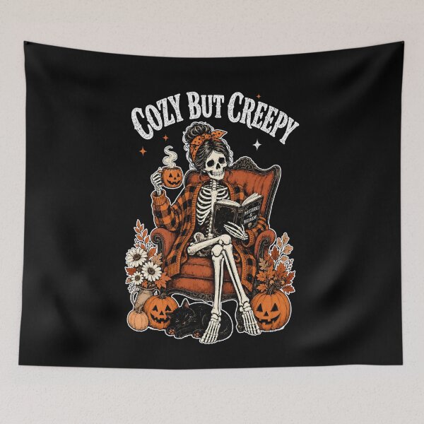 Item preview, Cozy But Creepy Skeleton Sitting In Chair With Pumpkins Flowers designed and sold by MarlaMaloneShop.