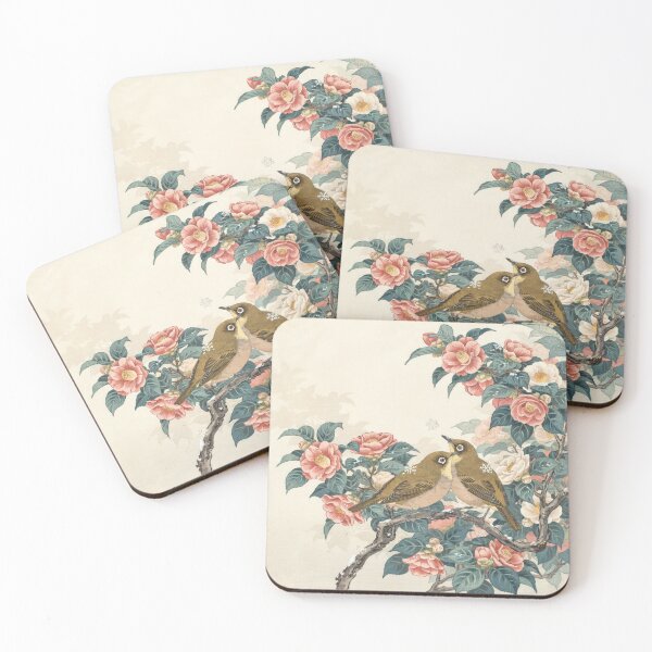 Item preview, Japanese White-Eye Among Winter Camellias – Ohara Koson Inspired Shin-Hanga Japanese Bird Art designed and sold by Tamas Das.