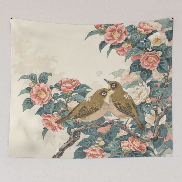 Item preview, Japanese White-Eye Among Winter Camellias – Ohara Koson Inspired Shin-Hanga Japanese Bird Art designed and sold by Tamas Das.