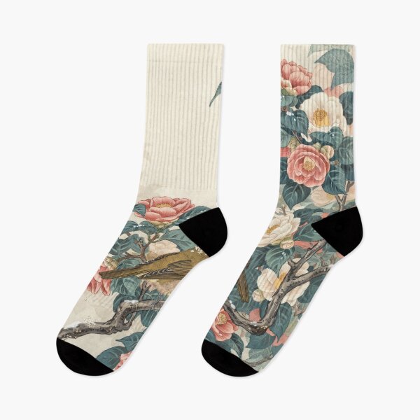 Item preview, Japanese White-Eye Among Winter Camellias – Ohara Koson Inspired Shin-Hanga Japanese Bird Art designed and sold by Tamas Das.