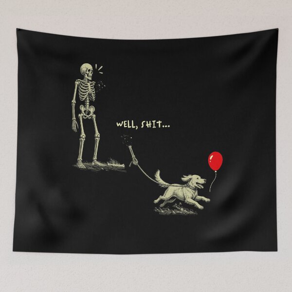 Item preview, skeleton dog steal bone halloween Funny Skeleton Lost Arm Red Balloon Well Shit Dark Humor designed and sold by watanabeee.