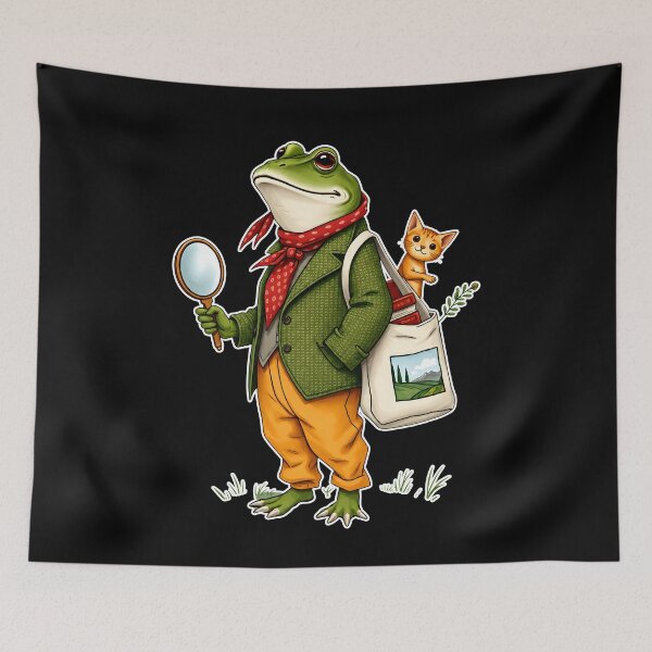 Item preview, Gentleman Frog Magnifying Glass Holding Tea With Cat designed and sold by MarlaMaloneShop.