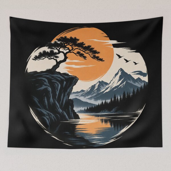 Item preview, Japanese Sunset Mountain Lake – Bonsai Tree Nature Landscape designed and sold by Punch-E415.