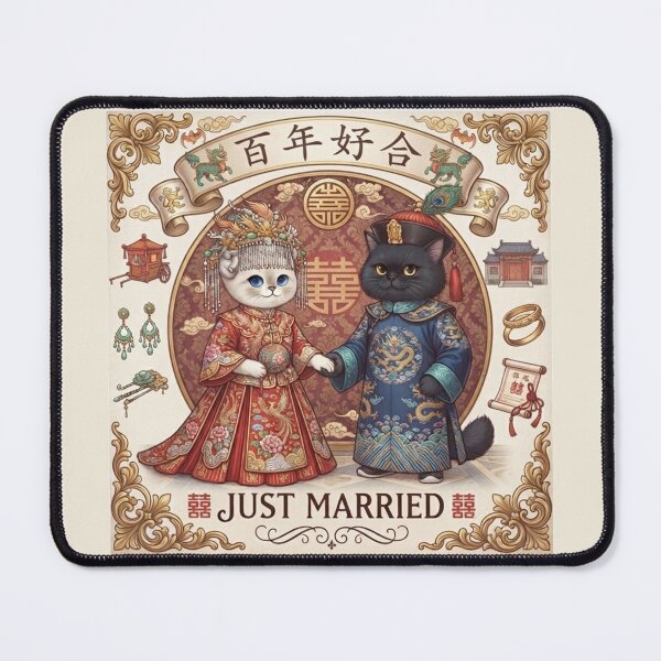 Item preview, Chinese Traditional Wedding Cats Just Married - Bai Nian Hao He Cute Feline Couple Gift designed and sold by PetalsPaws.