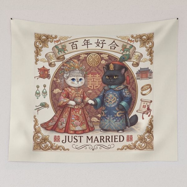 Item preview, Chinese Traditional Wedding Cats Just Married - Bai Nian Hao He Cute Feline Couple Gift designed and sold by PetalsPaws.
