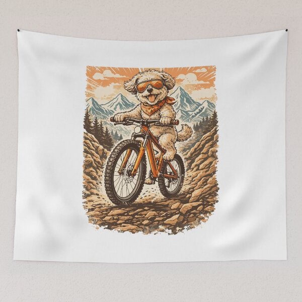 Item preview, Maltipoo on a mountain bike in the mountains designed and sold by Pineapple-Tree.