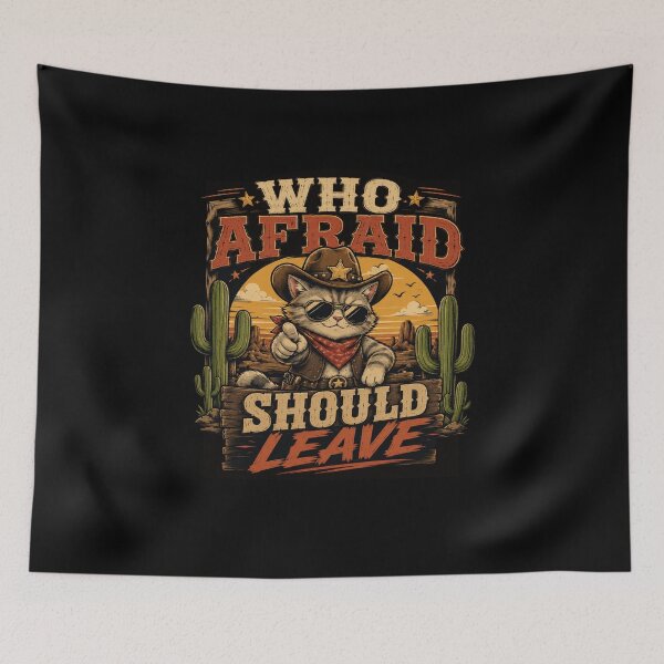 Item preview, Who Afraid Should Leave Cowboy Cat T-Shirt – Funny Western Cat Graphic Tee designed and sold by Artimax-Studio.