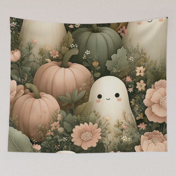 Item preview, Cute Ghosts in Cottagecore Floral Garden — Muted Pastel Pumpkin Seamless Pattern designed and sold by LYAN-STORE.