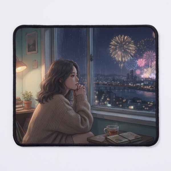 Item preview, Distant Fireworks Over Seoul Skyline: Cozy Rooftop Night View, Moody Lo-Fi Melancholy Art Print, Poster & Home Decor designed and sold by SOOstudio73.