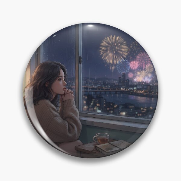 Item preview, Distant Fireworks Over Seoul Skyline: Cozy Rooftop Night View, Moody Lo-Fi Melancholy Art Print, Poster & Home Decor designed and sold by SOOstudio73.