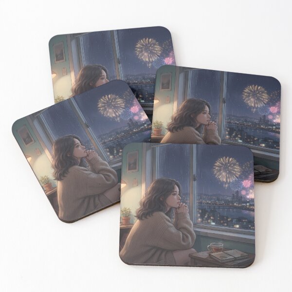 Item preview, Distant Fireworks Over Seoul Skyline: Cozy Rooftop Night View, Moody Lo-Fi Melancholy Art Print, Poster & Home Decor designed and sold by SOOstudio73.