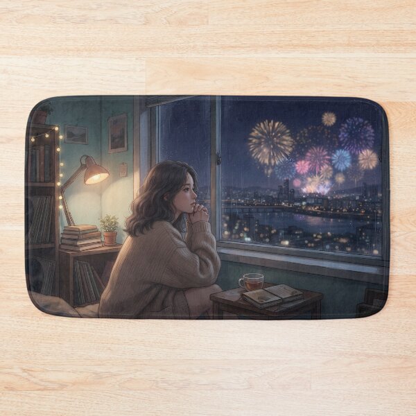 Item preview, Distant Fireworks Over Seoul Skyline: Cozy Rooftop Night View, Moody Lo-Fi Melancholy Art Print, Poster & Home Decor designed and sold by SOOstudio73.