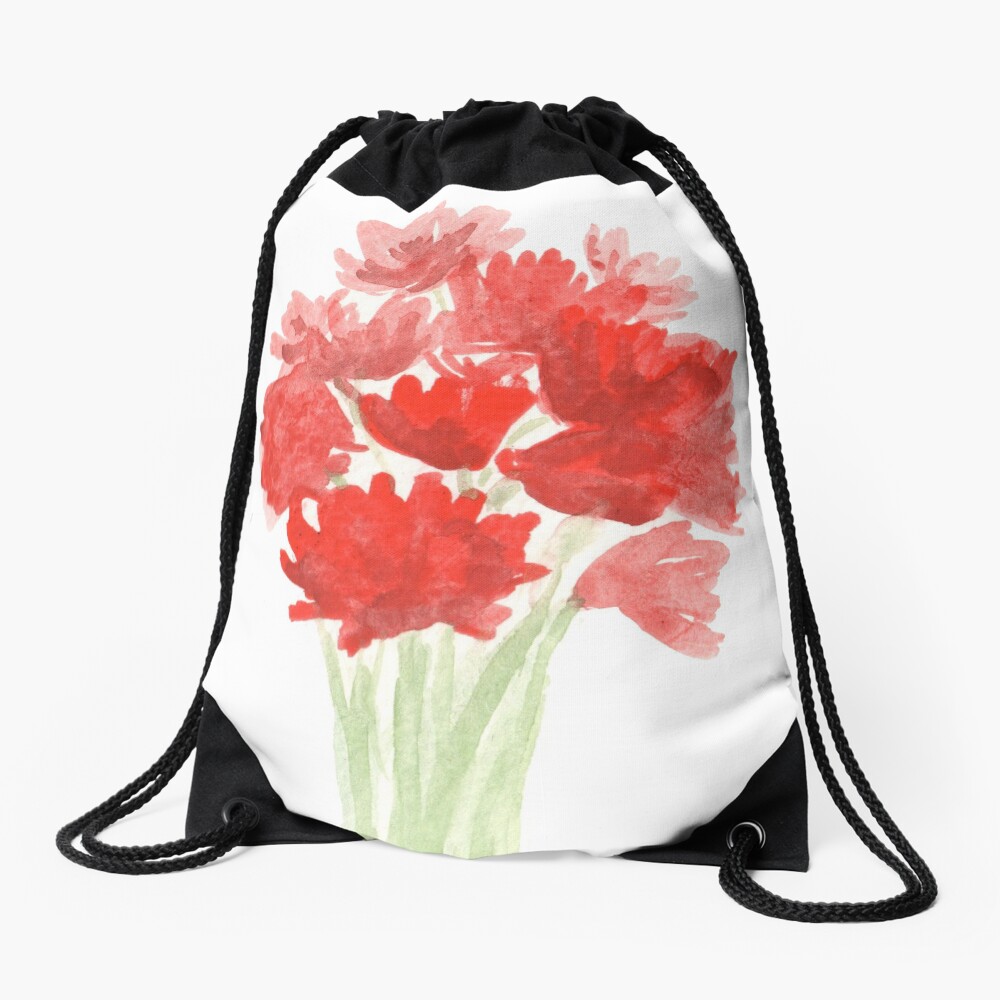 Red Azalea Flower Bouquet original watercolor painting Drawstring Bag