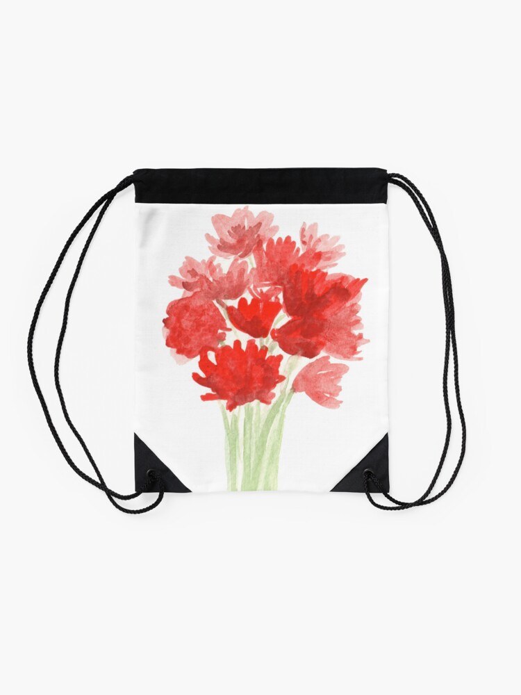 Alternate view of Red Azalea Flower Bouquet original watercolor painting Drawstring Bag