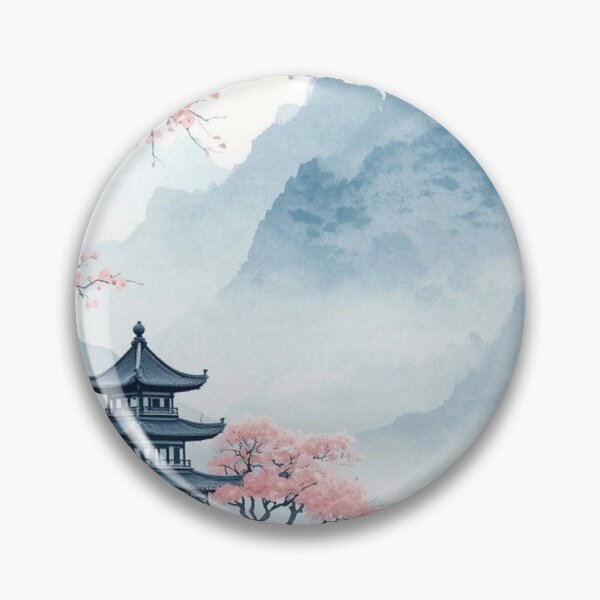 Item preview, Japanese Pagoda Lake with Cherry Blossom — Serene Watercolor Mountain Art designed and sold by LYAN-STORE.