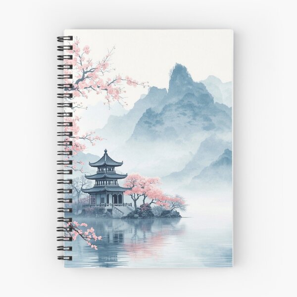Item preview, Japanese Pagoda Lake with Cherry Blossom — Serene Watercolor Mountain Art designed and sold by LYAN-STORE.