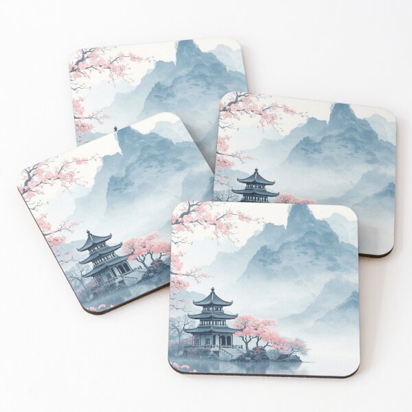 Item preview, Japanese Pagoda Lake with Cherry Blossom — Serene Watercolor Mountain Art designed and sold by LYAN-STORE.