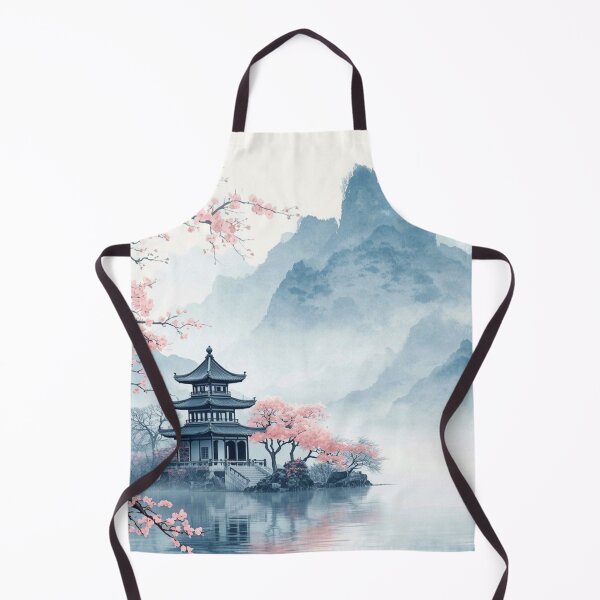 Item preview, Japanese Pagoda Lake with Cherry Blossom — Serene Watercolor Mountain Art designed and sold by LYAN-STORE.