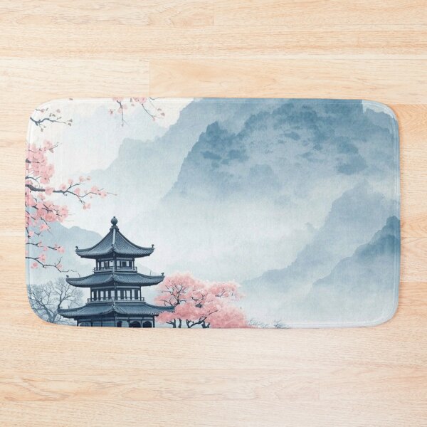 Item preview, Japanese Pagoda Lake with Cherry Blossom — Serene Watercolor Mountain Art designed and sold by LYAN-STORE.