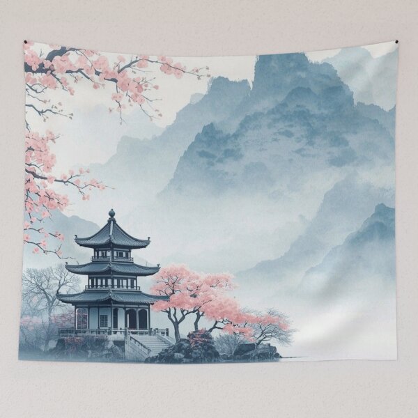 Item preview, Japanese Pagoda Lake with Cherry Blossom — Serene Watercolor Mountain Art designed and sold by LYAN-STORE.