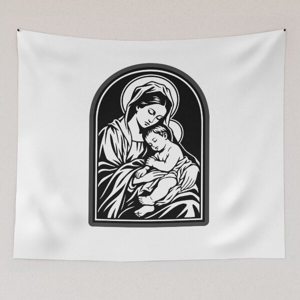 Item preview, Virgin Mary and Baby Jesus Woodcut Art designed and sold by KARTICK DUTTA.