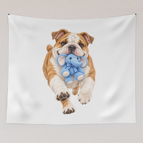 Item preview, Happy English Bulldog with Blue Elephant Toy designed and sold by Russell Thorne.