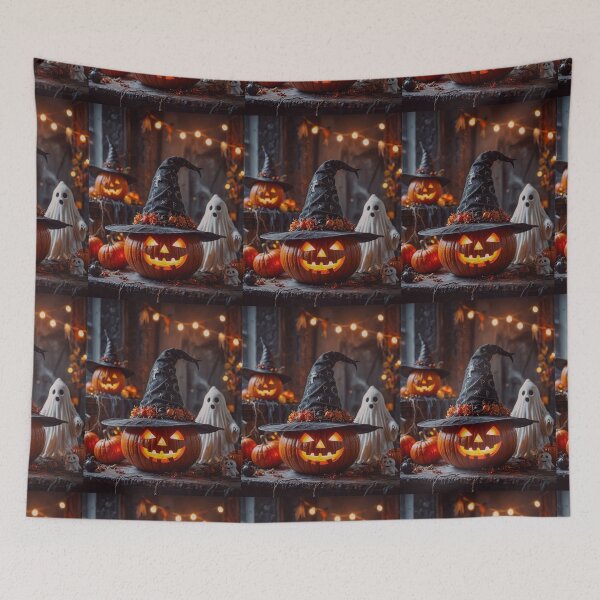 Item preview, Spooky Halloween Pumpkin with Witch Hat and Ghost Decor designed and sold by Dreamy Armine Art.