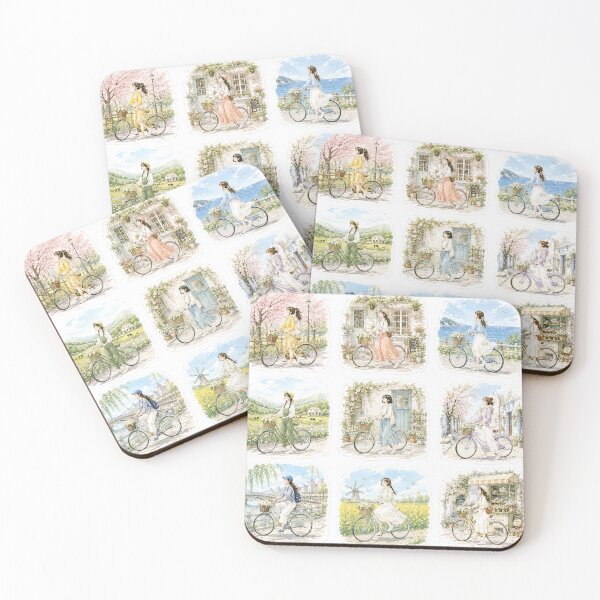 Item preview, Vintage Romance Girl Riding Bicycle Watercolor designed and sold by PastelPetalsCo.