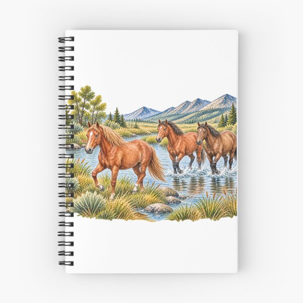 Item preview, Wild Horses Crossing Mountain Stream Watercolor Nature Art designed and sold by wecrea.