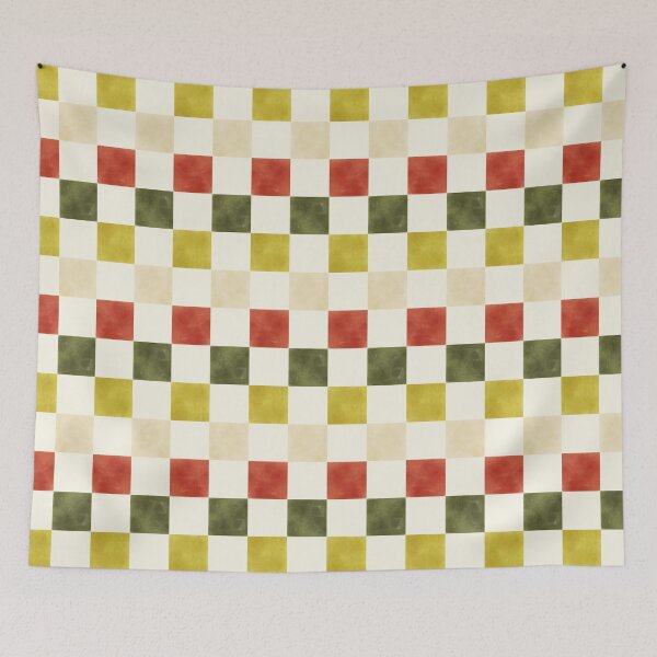 Item preview, Retro Geometric Watercolor Checkerboard in Mustard Yellow, Rust and Olive Green designed and sold by QuestingPixel.