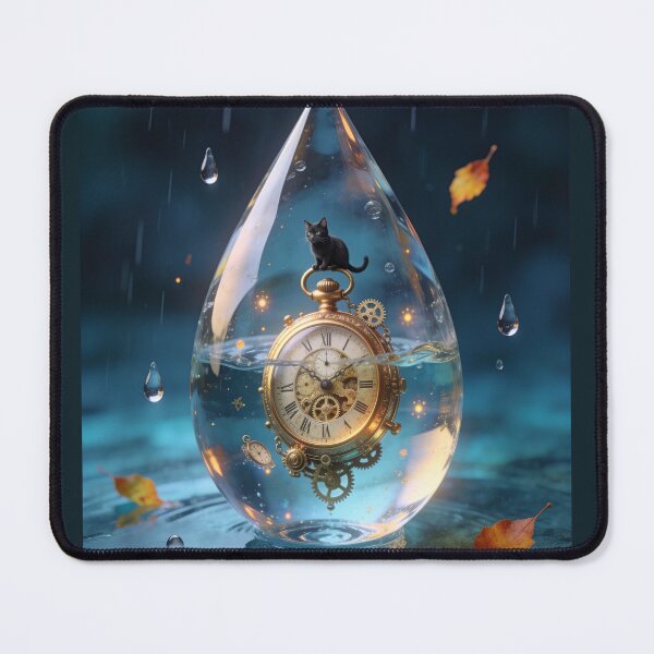 Item preview, Black Cat on Pocket Watch Inside Water Drop Surreal Art designed and sold by OksArtStudio.