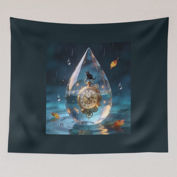 Item preview, Black Cat on Pocket Watch Inside Water Drop Surreal Art designed and sold by OksArtStudio.