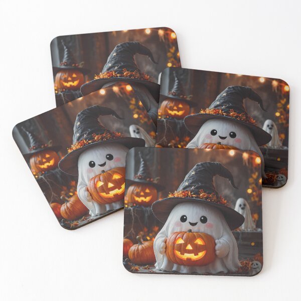 Item preview, Adorable Halloween Ghost Wearing Witch Hat Holding Glowing Jack-O'-Lantern designed and sold by Dreamy Armine Art.