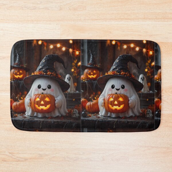 Item preview, Adorable Halloween Ghost Wearing Witch Hat Holding Glowing Jack-O'-Lantern designed and sold by Dreamy Armine Art.