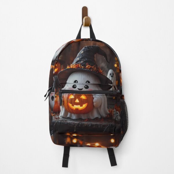 Item preview, Adorable Halloween Ghost Wearing Witch Hat Holding Glowing Jack-O'-Lantern designed and sold by Dreamy Armine Art.