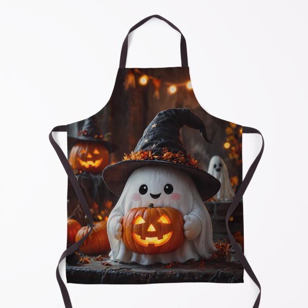 Item preview, Adorable Halloween Ghost Wearing Witch Hat Holding Glowing Jack-O'-Lantern designed and sold by Dreamy Armine Art.