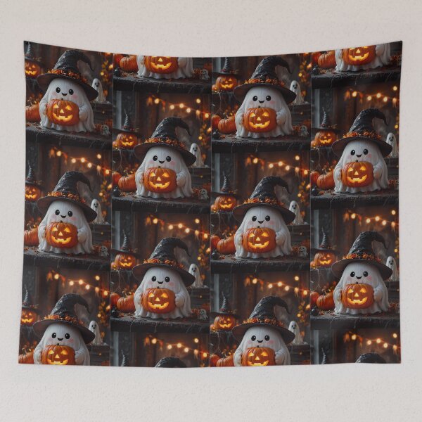 Item preview, Adorable Halloween Ghost Wearing Witch Hat Holding Glowing Jack-O'-Lantern designed and sold by Dreamy Armine Art.