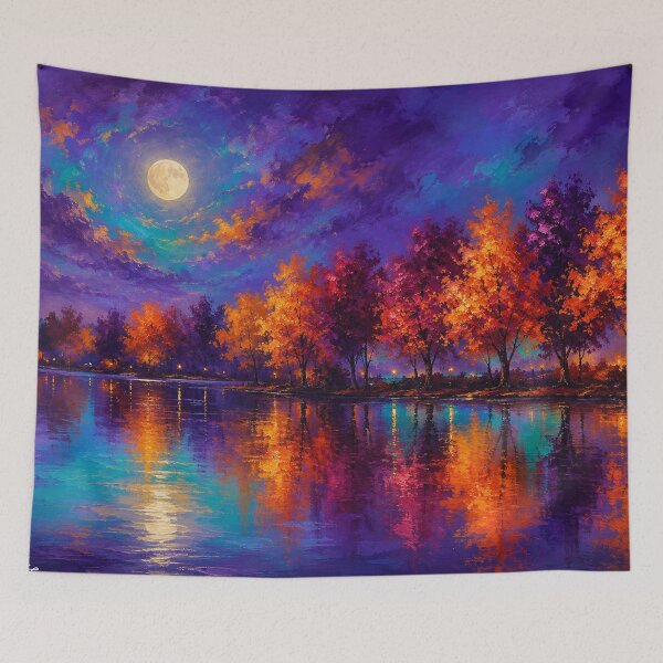Item preview, Harvest Moon Reflections - Autumn Moonlit Lake Landscape Art designed and sold by Joey Santiago.