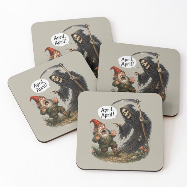 Item preview, April, April! Terrified Gnome Meets Grim Reaper – Funny German April Fool Joke designed and sold by Alpine-Ink.