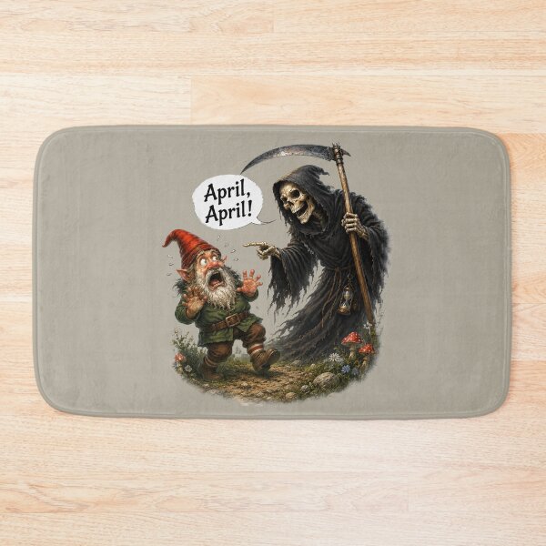 Item preview, April, April! Terrified Gnome Meets Grim Reaper – Funny German April Fool Joke designed and sold by Alpine-Ink.