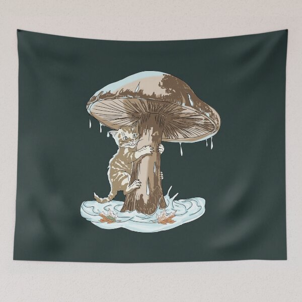 Item preview, Cat Under Mushroom Rain Shelter - Aesthetic Cottagecore Kitten designed and sold by LeshanArt.