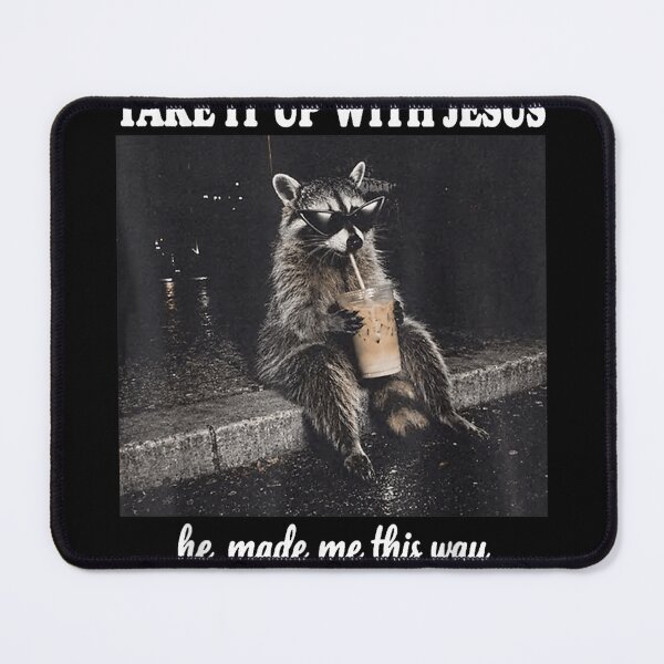 Item preview, Take It Up With Jesus Funny Raccoon Iced Coffee designed and sold by SamWoodrt.