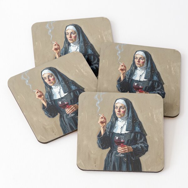 Item preview, Smoking Nun with Red Wine - Oil Painting Portrait Fine Art designed and sold by Silly Goose Party.