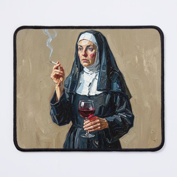 Item preview, Smoking Nun with Red Wine - Oil Painting Portrait Fine Art designed and sold by Silly Goose Party.