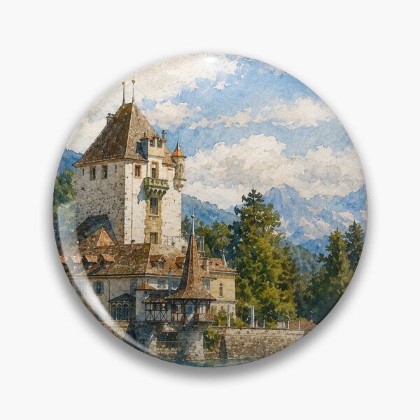 Item preview, Watercolor Swiss Castle on Mountain Lake designed and sold by SlavaArt.