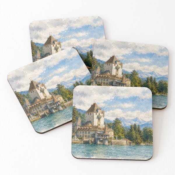 Item preview, Watercolor Swiss Castle on Mountain Lake designed and sold by SlavaArt.